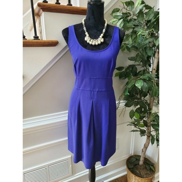 Loft Women's Solid Blue Rayon Round Neck Sleeveless Knee Length Dress Size 12P - Picture 10 of 10